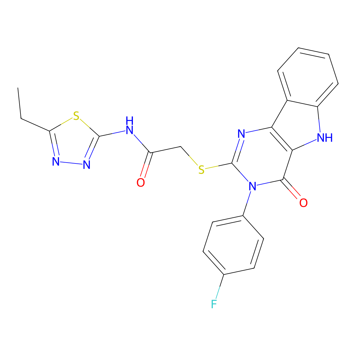 N-(5-ethyl-1,3,4-thiadiazol-2-yl)-2-((3-(4-fluorophenyl)-4-oxo-4,5-dihydro-3H-pyrimido[5,4-b]indol-2-yl)thio)acetamide molecular structure, CAS 536710-82-4