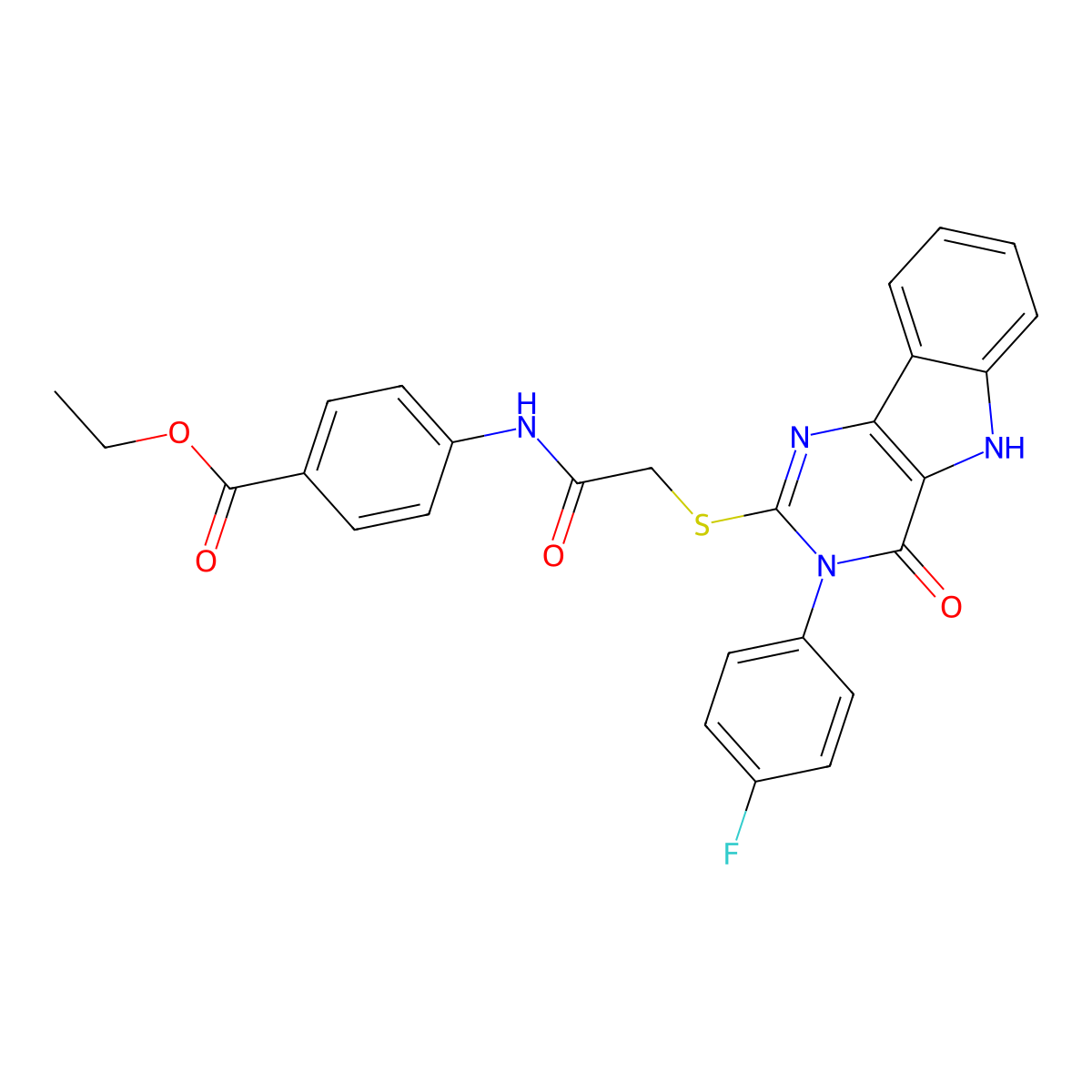 ethyl 4-[[2-[[3-(4-fluorophenyl)-4-oxo-5H-pyrimido[5,4-b]indol-2-yl]sulfanyl]acetyl]amino]benzoate molecular structure, CAS 536710-88-0