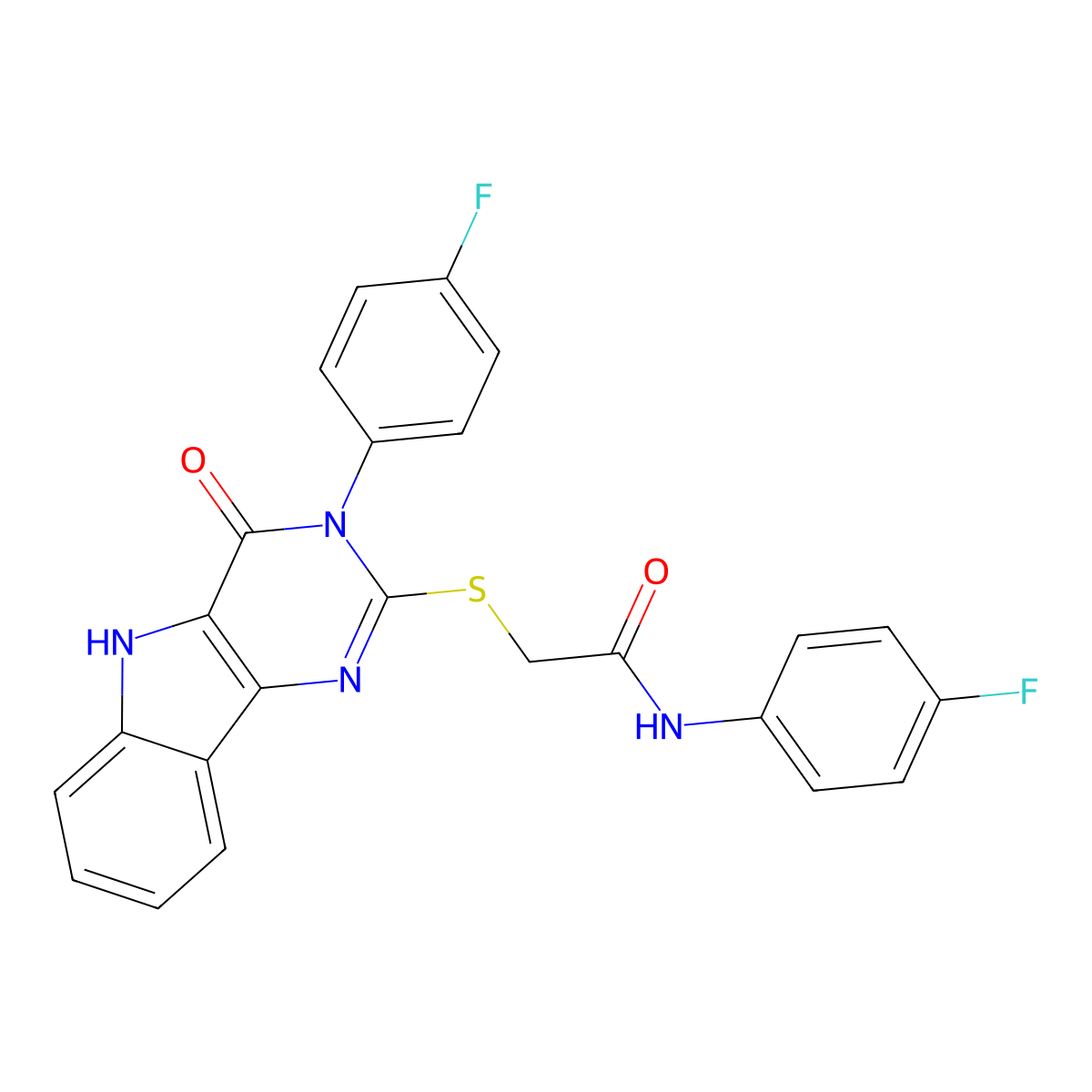N-(4-fluorophenyl)-2-((3-(4-fluorophenyl)-4-oxo-4,5-dihydro-3H-pyrimido[5,4-b]indol-2-yl)thio)acetamide molecular structure, CAS 536710-92-6
