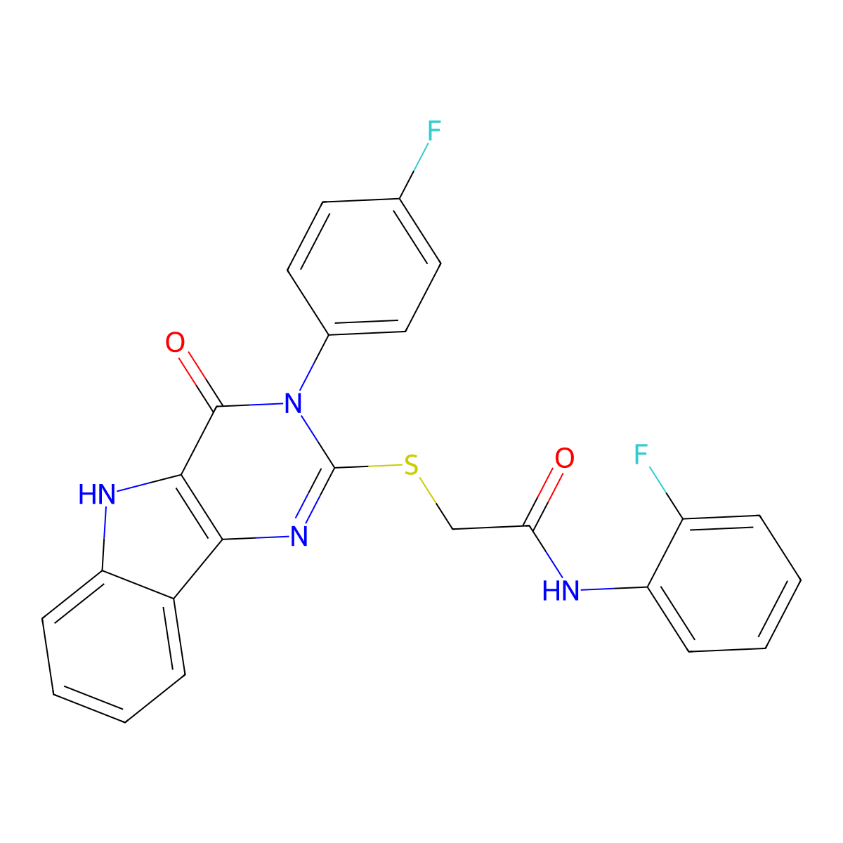 N-(2-fluorophenyl)-2-((3-(4-fluorophenyl)-4-oxo-4,5-dihydro-3H-pyrimido[5,4-b]indol-2-yl)thio)acetamide molecular structure, CAS 536710-93-7