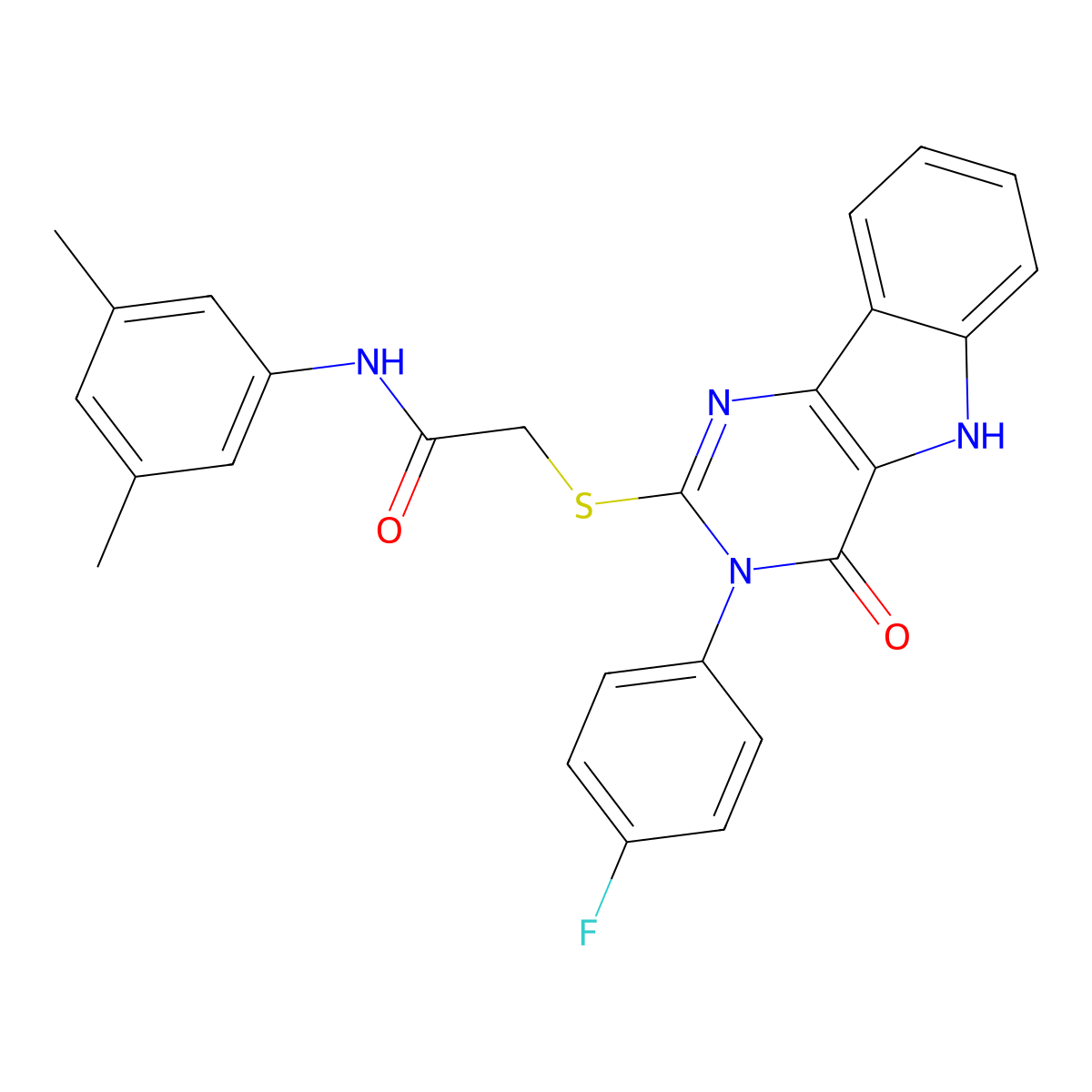 N-(3,5-dimethylphenyl)-2-[[3-(4-fluorophenyl)-4-oxo-5H-pyrimido[5,4-b]indol-2-yl]sulfanyl]acetamide molecular structure, CAS 536711-04-3