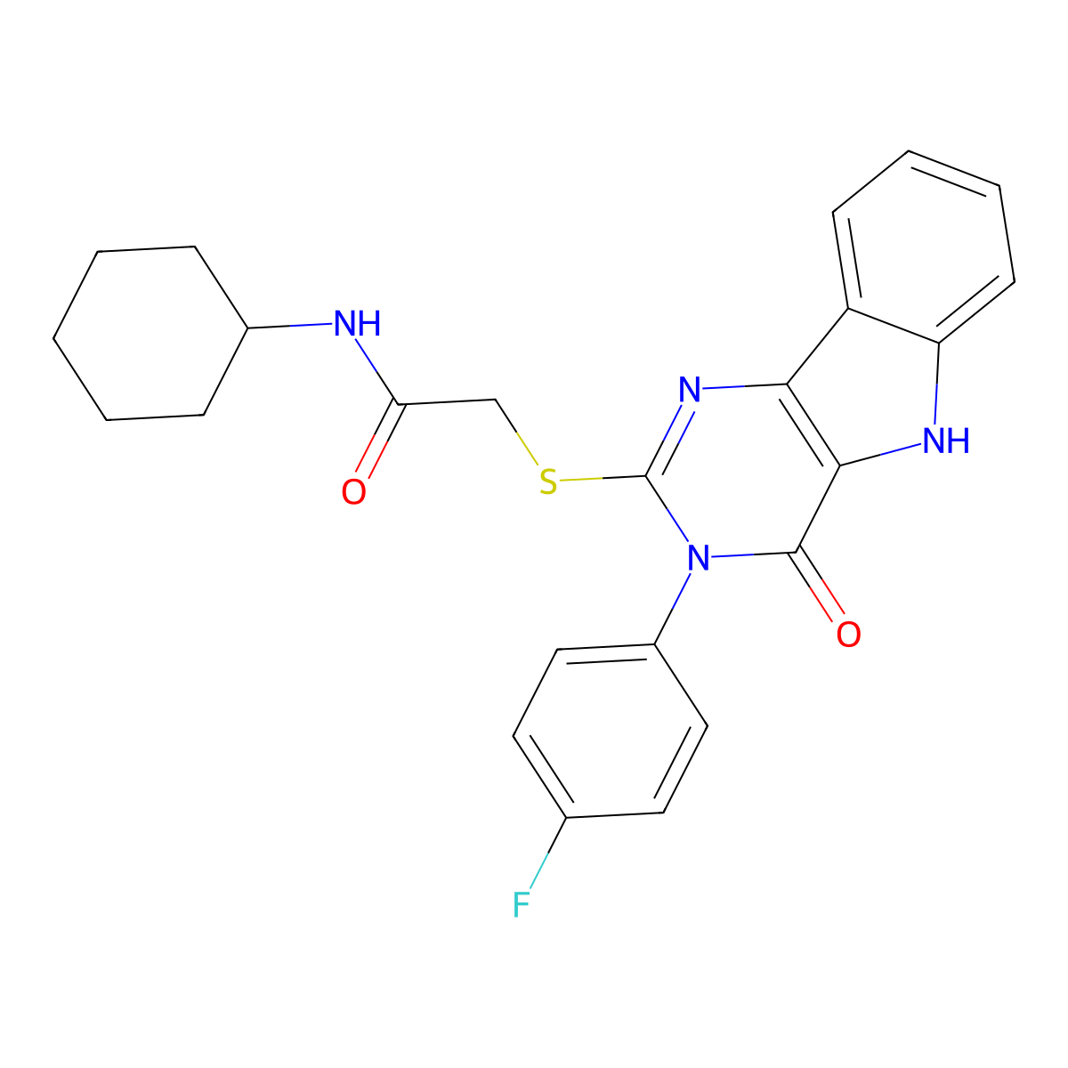 N-cyclohexyl-2-[[3-(4-fluorophenyl)-4-oxo-5H-pyrimido[5,4-b]indol-2-yl]sulfanyl]acetamide molecular structure, CAS 536711-08-7
