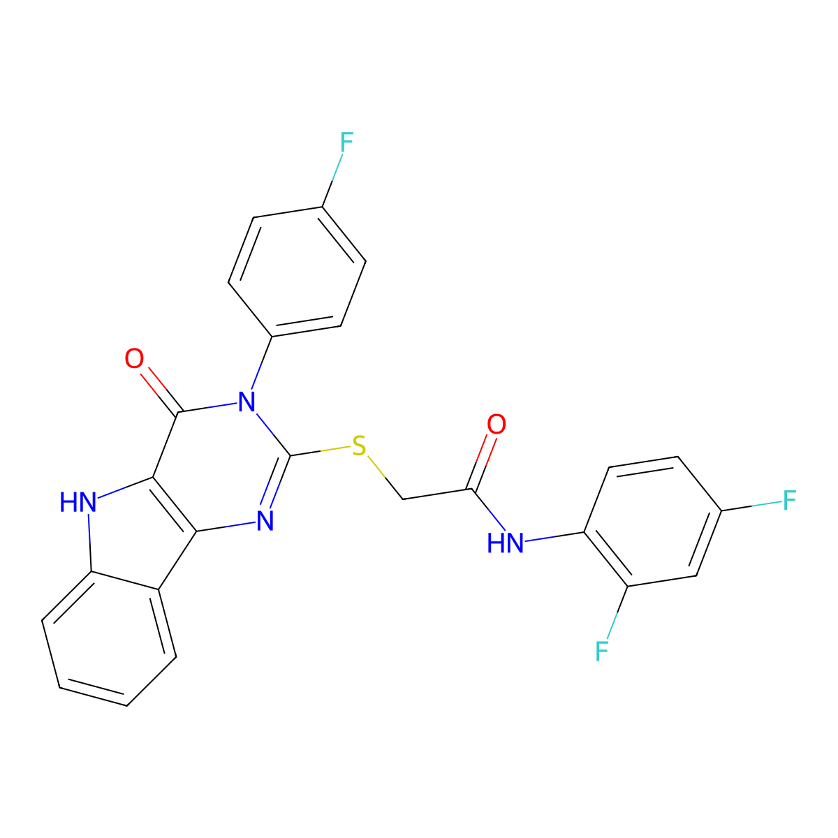N-(2,4-difluorophenyl)-2-[[3-(4-fluorophenyl)-4-oxo-5H-pyrimido[5,4-b]indol-2-yl]sulfanyl]acetamide molecular structure, CAS 536711-11-2