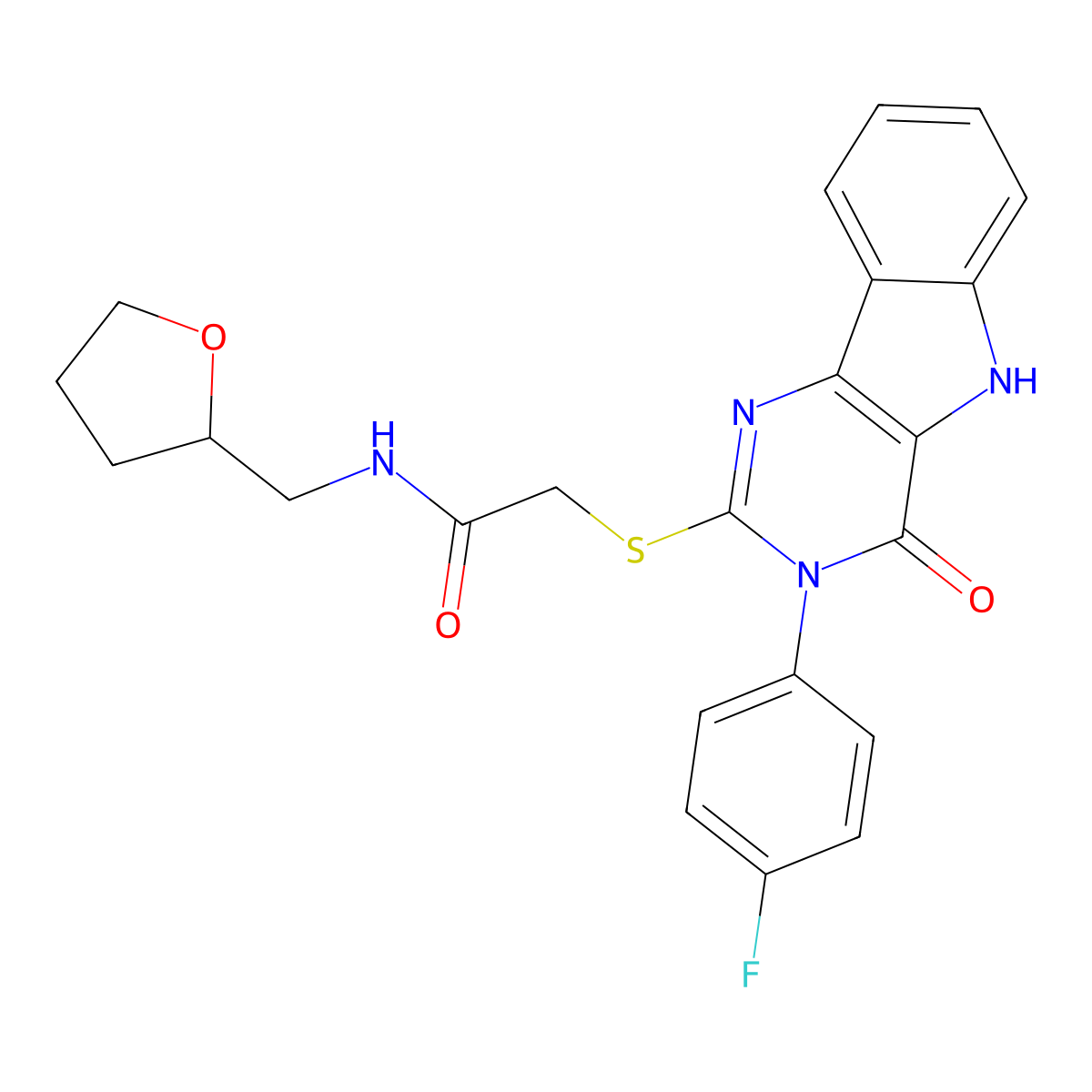 2-[[3-(4-fluorophenyl)-4-oxo-5H-pyrimido[5,4-b]indol-2-yl]sulfanyl]-N-(oxolan-2-ylmethyl)acetamide molecular structure, CAS 536711-14-5