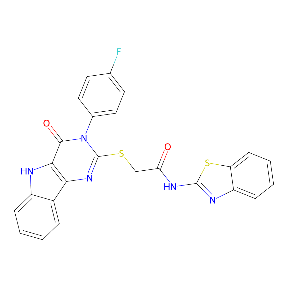 N-(benzo[d]thiazol-2-yl)-2-((3-(4-fluorophenyl)-4-oxo-4,5-dihydro-3H-pyrimido[5,4-b]indol-2-yl)thio)acetamide molecular structure, CAS 536711-15-6