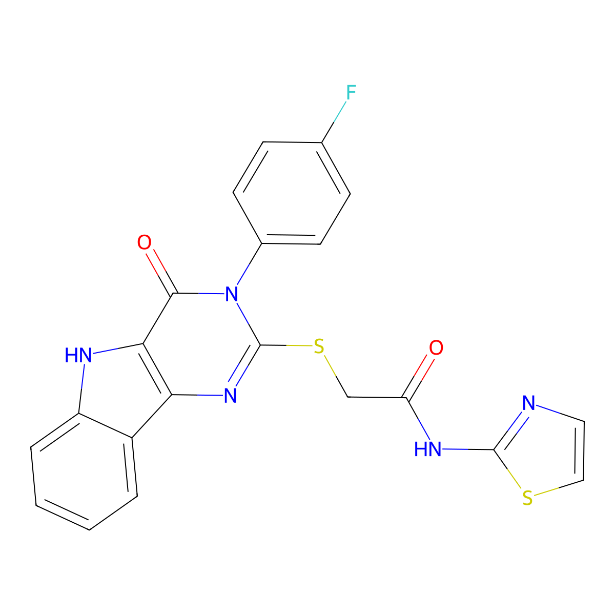 2-((3-(4-fluorophenyl)-4-oxo-4,5-dihydro-3H-pyrimido[5,4-b]indol-2-yl)thio)-N-(thiazol-2-yl)acetamide molecular structure, CAS 536711-17-8