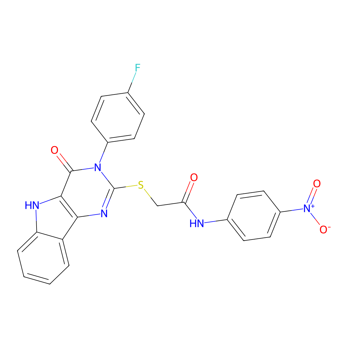 2-((3-(4-fluorophenyl)-4-oxo-4,5-dihydro-3H-pyrimido[5,4-b]indol-2-yl)thio)-N-(4-nitrophenyl)acetamide molecular structure, CAS 536711-35-0