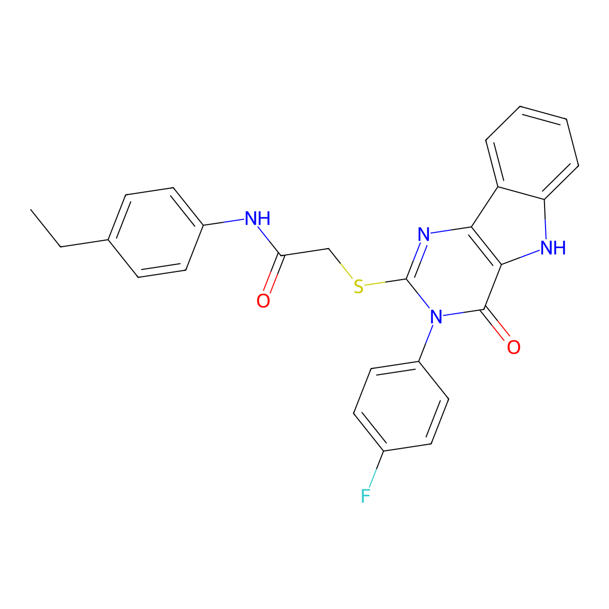 N-(4-ethylphenyl)-2-((3-(4-fluorophenyl)-4-oxo-4,5-dihydro-3H-pyrimido[5,4-b]indol-2-yl)thio)acetamide molecular structure, CAS 536711-44-1