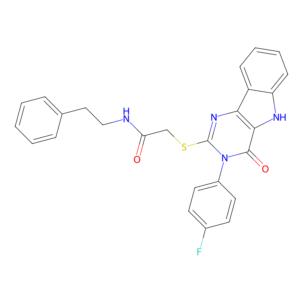 2-((3-(4-fluorophenyl)-4-oxo-4,5-dihydro-3H-pyrimido[5,4-b]indol-2-yl)thio)-N-phenethylacetamide molecular structure, CAS 536711-52-1
