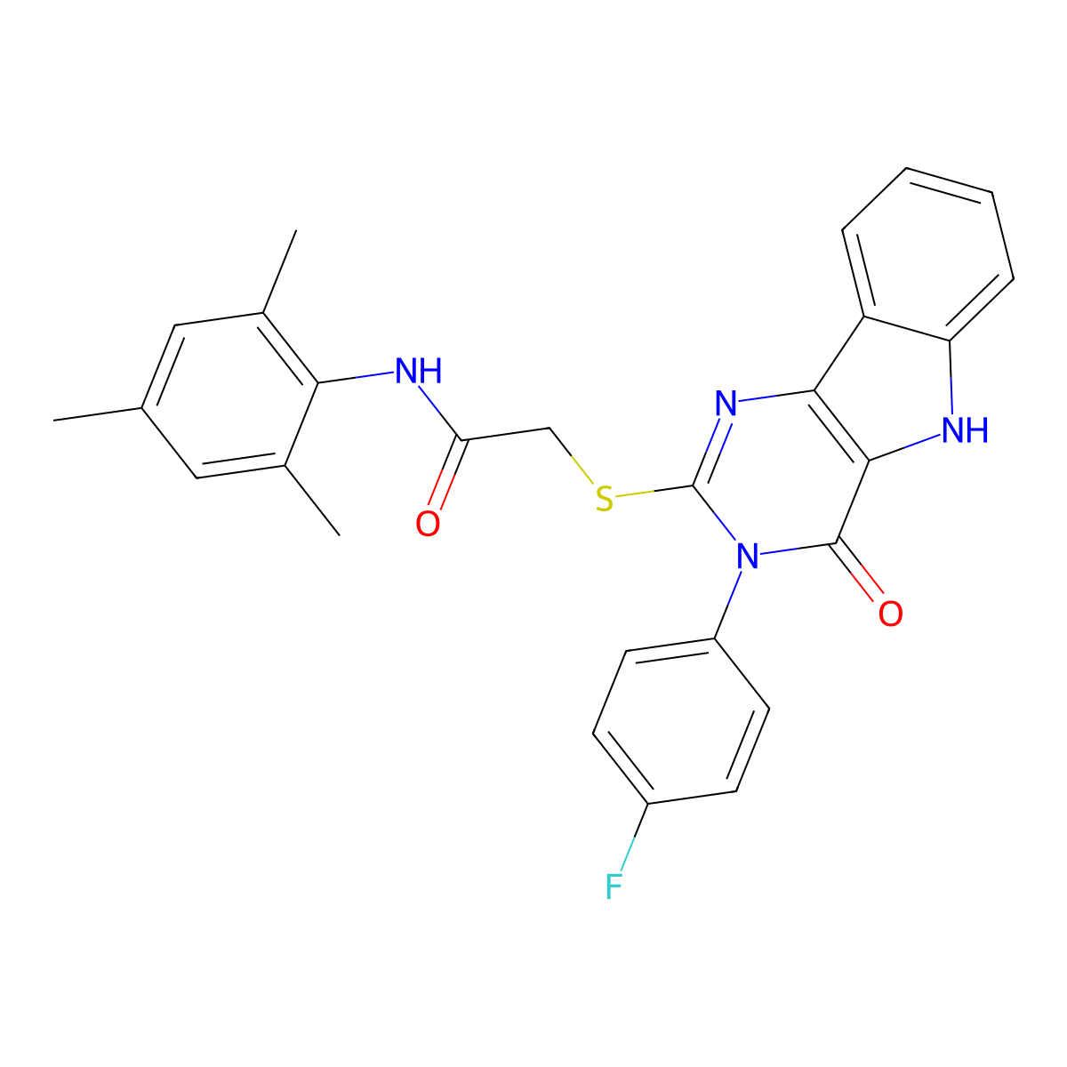 2-((3-(4-fluorophenyl)-4-oxo-4,5-dihydro-3H-pyrimido[5,4-b]indol-2-yl)thio)-N-mesitylacetamide molecular structure, CAS 536711-63-4