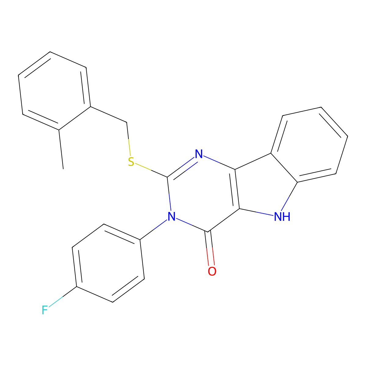 3-(4-fluorophenyl)-2-((2-methylbenzyl)thio)-3H-pyrimido[5,4-b]indol-4(5H)-one molecular structure, CAS 536711-87-2