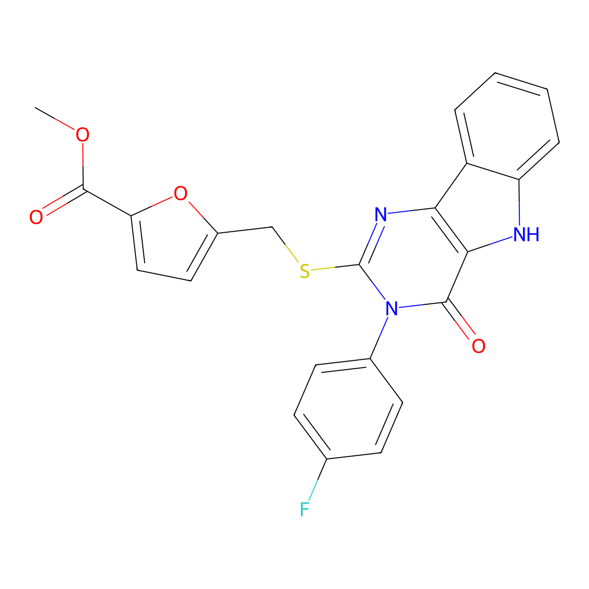 methyl 5-[[3-(4-fluorophenyl)-4-oxo-5H-pyrimido[5,4-b]indol-2-yl]sulfanylmethyl]furan-2-carboxylate molecular structure, CAS 536712-03-5