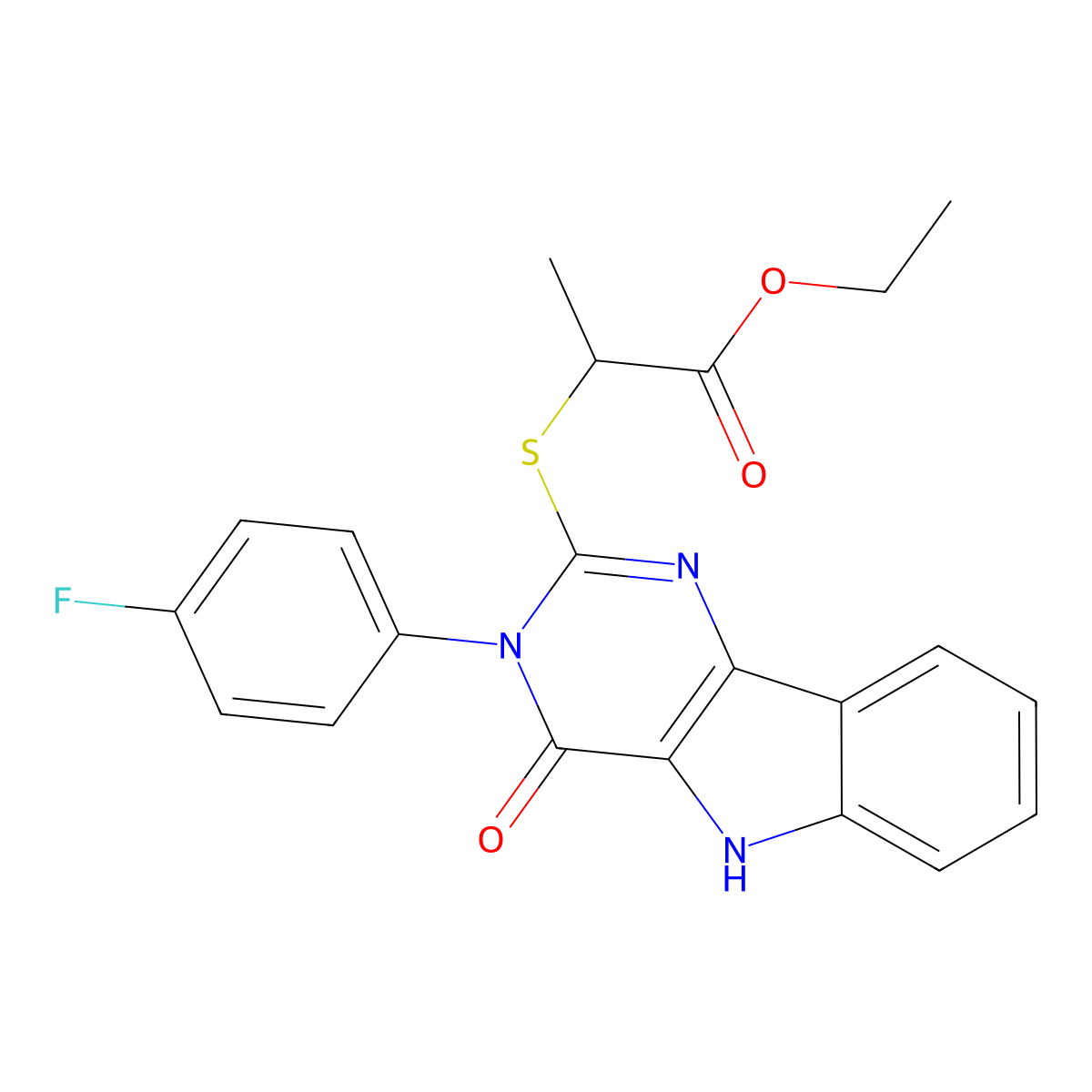 ethyl 2-((3-(4-fluorophenyl)-4-oxo-4,5-dihydro-3H-pyrimido[5,4-b]indol-2-yl)thio)propanoate molecular structure, CAS 536712-08-0