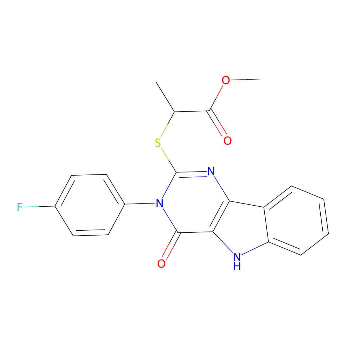 methyl 2-((3-(4-fluorophenyl)-4-oxo-4,5-dihydro-3H-pyrimido[5,4-b]indol-2-yl)thio)propanoate molecular structure, CAS 536712-10-4