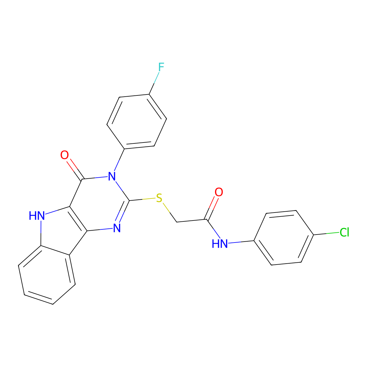N-(4-chlorophenyl)-2-((3-(4-fluorophenyl)-4-oxo-4,5-dihydro-3H-pyrimido[5,4-b]indol-2-yl)thio)acetamide molecular structure, CAS 536712-20-6