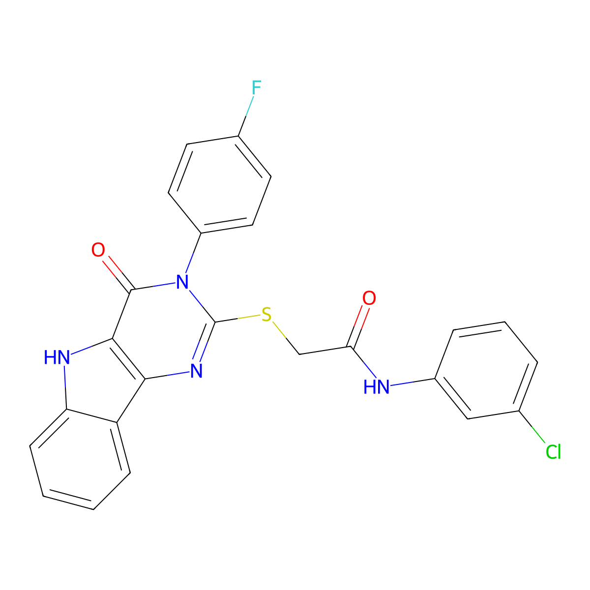 N-(3-chlorophenyl)-2-((3-(4-fluorophenyl)-4-oxo-4,5-dihydro-3H-pyrimido[5,4-b]indol-2-yl)thio)acetamide molecular structure, CAS 536712-22-8
