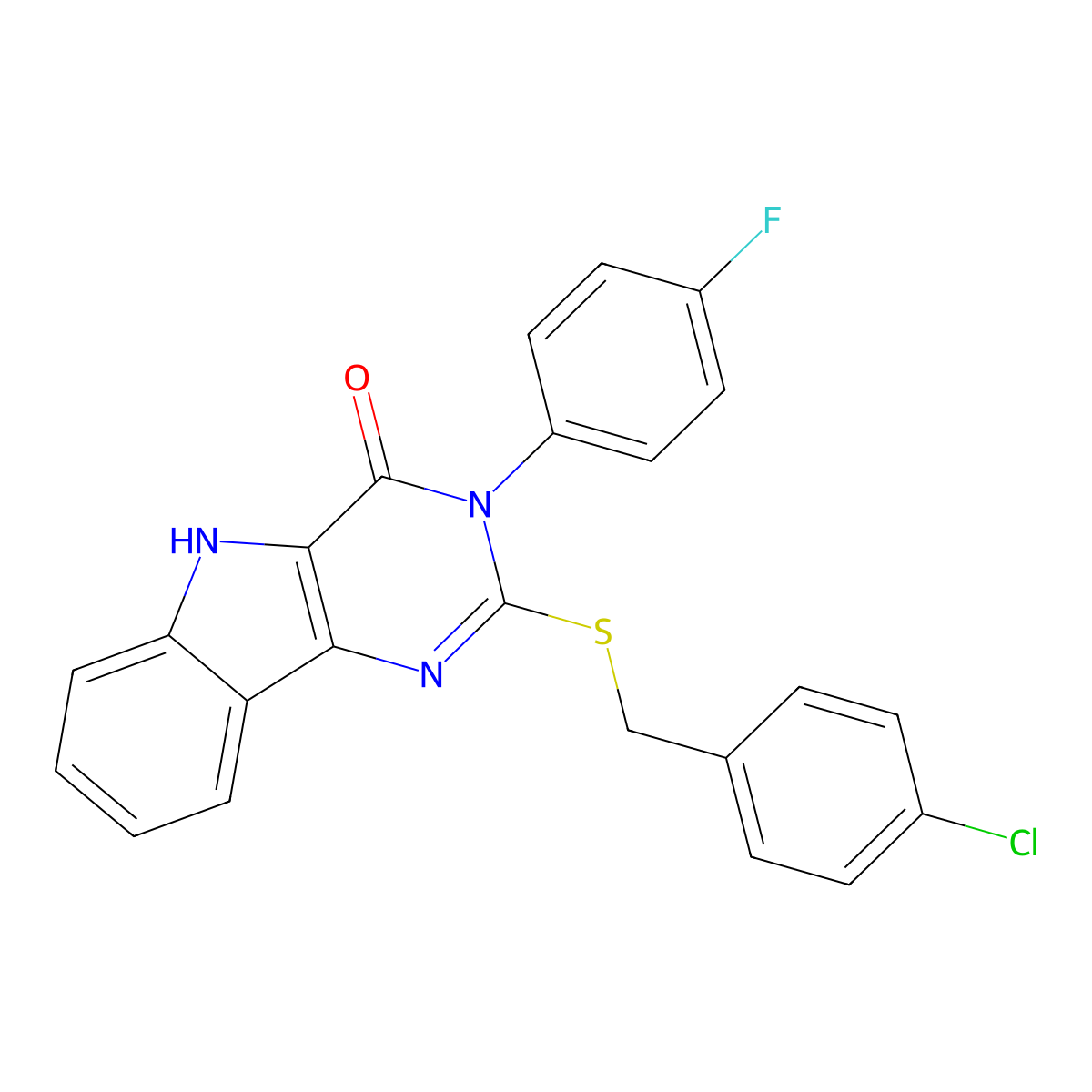 2-[(4-chlorophenyl)methylsulfanyl]-3-(4-fluorophenyl)-5H-pyrimido[5,4-b]indol-4-one molecular structure, CAS 536712-32-0