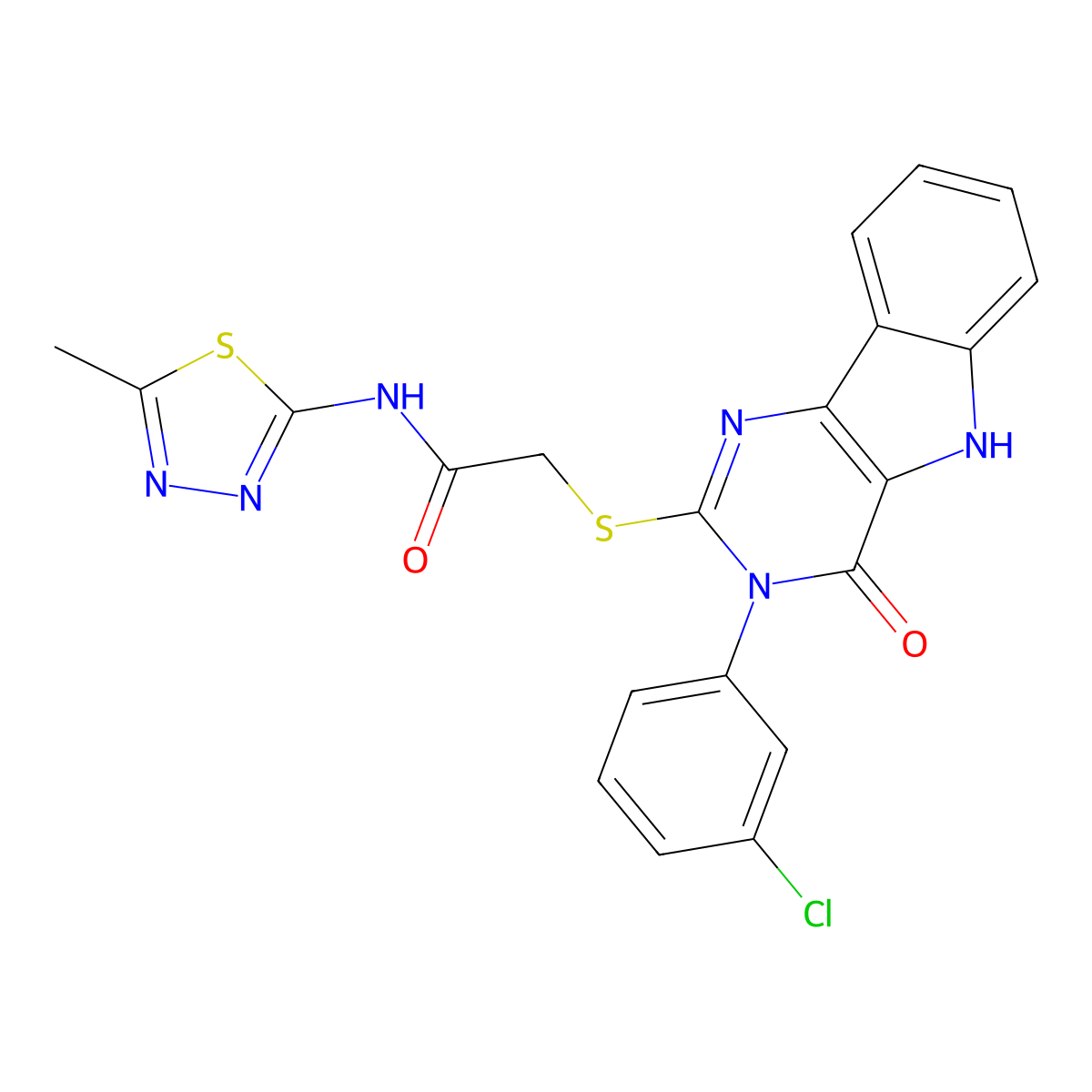 2-((3-(3-chlorophenyl)-4-oxo-4,5-dihydro-3H-pyrimido[5,4-b]indol-2-yl)thio)-N-(5-methyl-1,3,4-thiadiazol-2-yl)acetamide molecular structure, CAS 536712-62-6