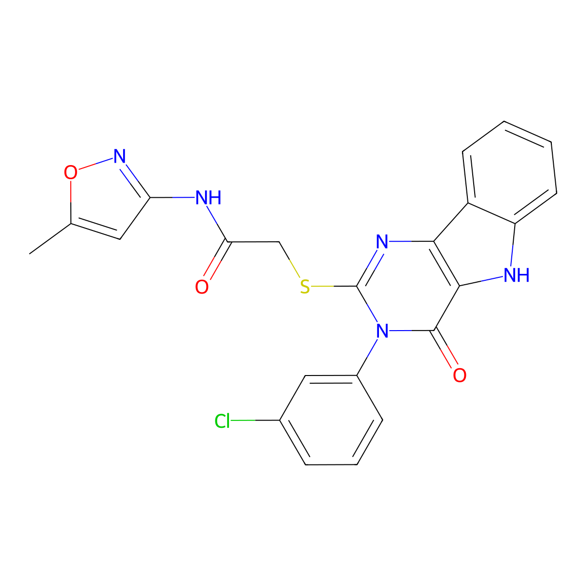 2-((3-(3-chlorophenyl)-4-oxo-4,5-dihydro-3H-pyrimido[5,4-b]indol-2-yl)thio)-N-(5-methylisoxazol-3-yl)acetamide molecular structure, CAS 536713-16-3