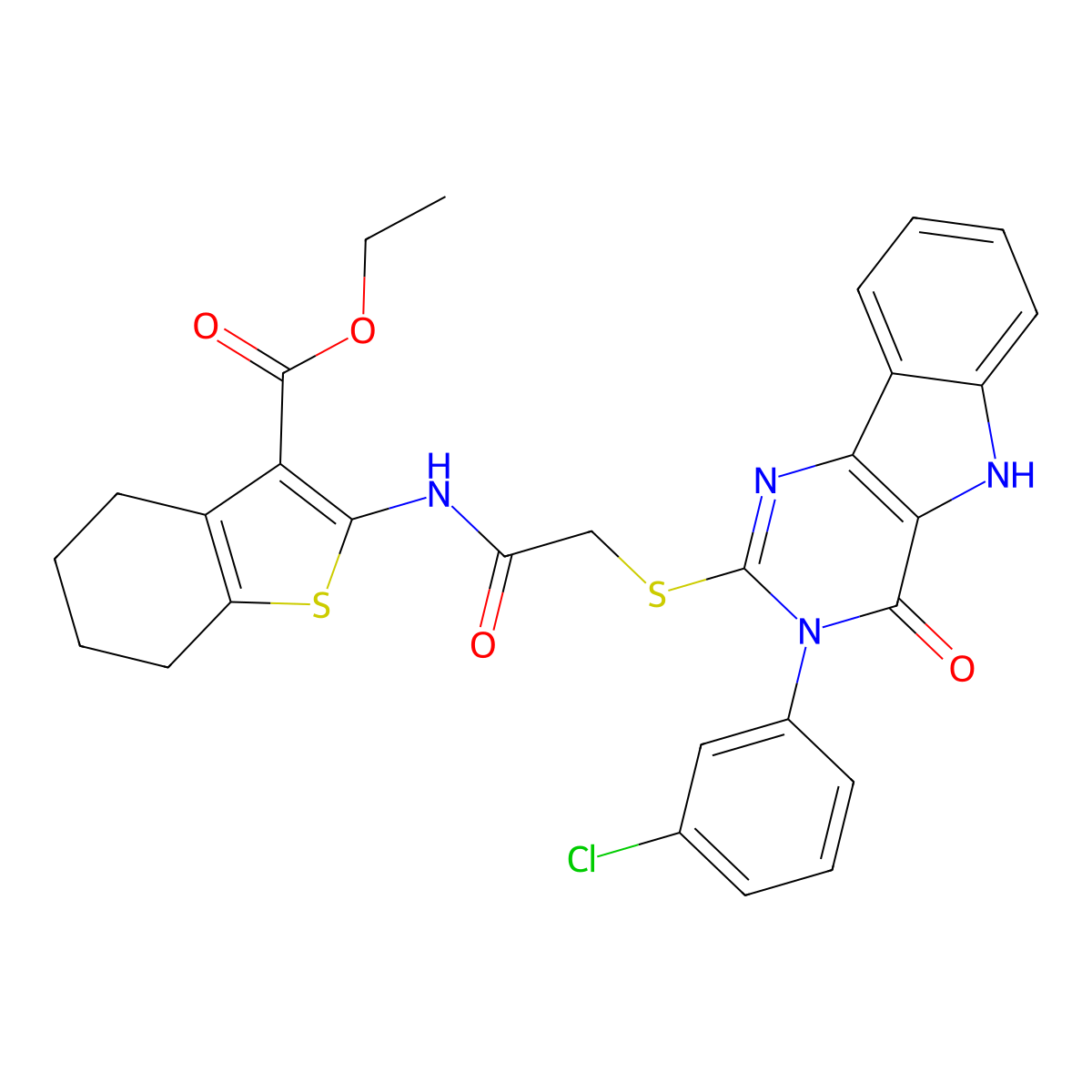 ethyl 2-(2-((3-(3-chlorophenyl)-4-oxo-4,5-dihydro-3H-pyrimido[5,4-b]indol-2-yl)thio)acetamido)-4,5,6,7-tetrahydrobenzo[b]thiophene-3-carboxylate molecular structure, CAS 536713-18-5