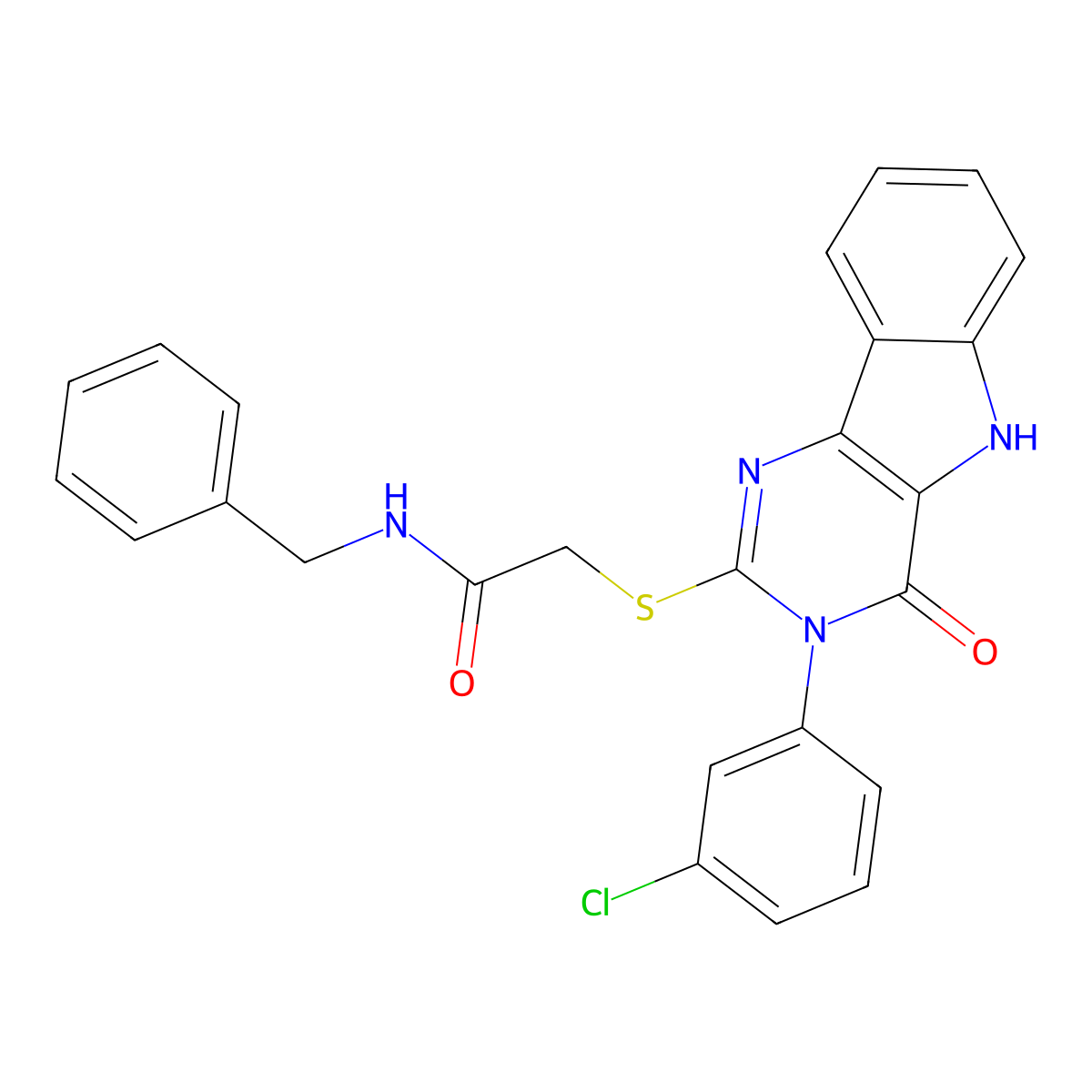 N-benzyl-2-((3-(3-chlorophenyl)-4-oxo-4,5-dihydro-3H-pyrimido[5,4-b]indol-2-yl)thio)acetamide molecular structure, CAS 536713-36-7