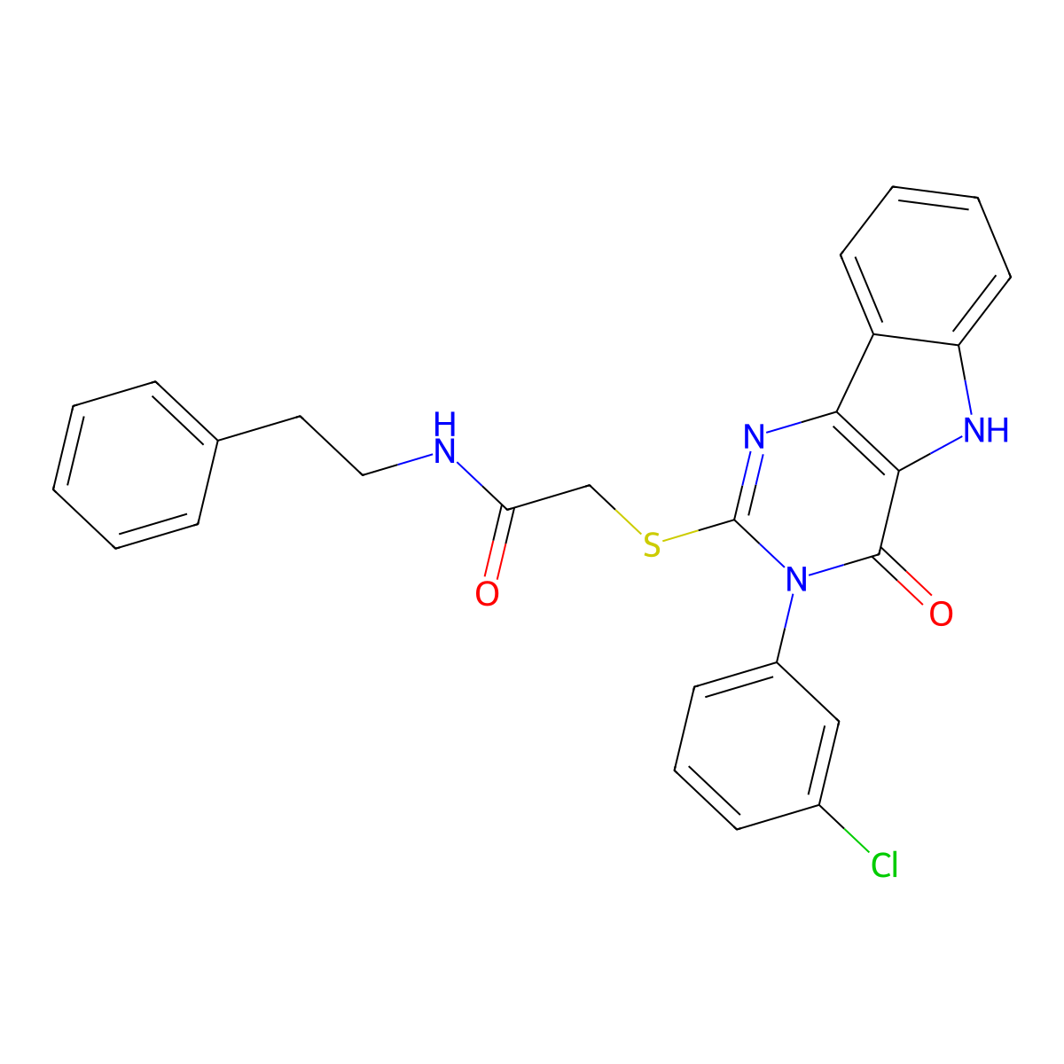 2-((3-(3-chlorophenyl)-4-oxo-4,5-dihydro-3H-pyrimido[5,4-b]indol-2-yl)thio)-N-phenethylacetamide molecular structure, CAS 536713-40-3