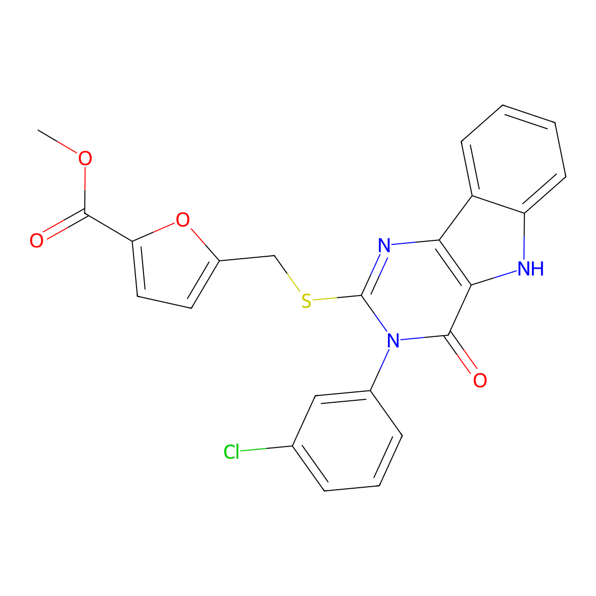 methyl 5-(((3-(3-chlorophenyl)-4-oxo-4,5-dihydro-3H-pyrimido[5,4-b]indol-2-yl)thio)methyl)furan-2-carboxylate molecular structure, CAS 536713-88-9