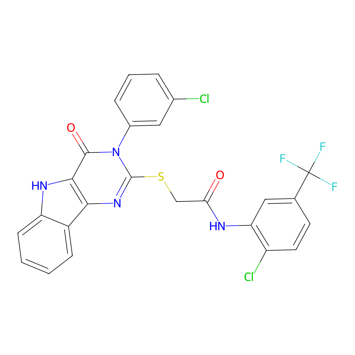 N-(2-chloro-5-(trifluoromethyl)phenyl)-2-((3-(3-chlorophenyl)-4-oxo-4,5-dihydro-3H-pyrimido[5,4-b]indol-2-yl)thio)acetamide molecular structure, CAS 536714-02-0