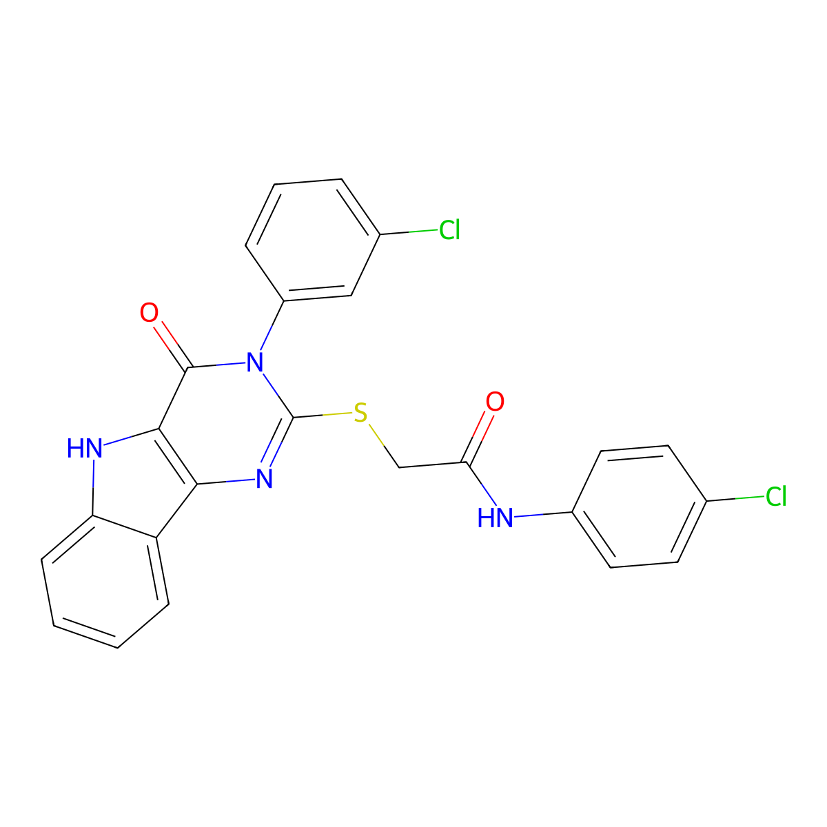 N-(4-chlorophenyl)-2-((3-(3-chlorophenyl)-4-oxo-4,5-dihydro-3H-pyrimido[5,4-b]indol-2-yl)thio)acetamide molecular structure, CAS 536714-06-4
