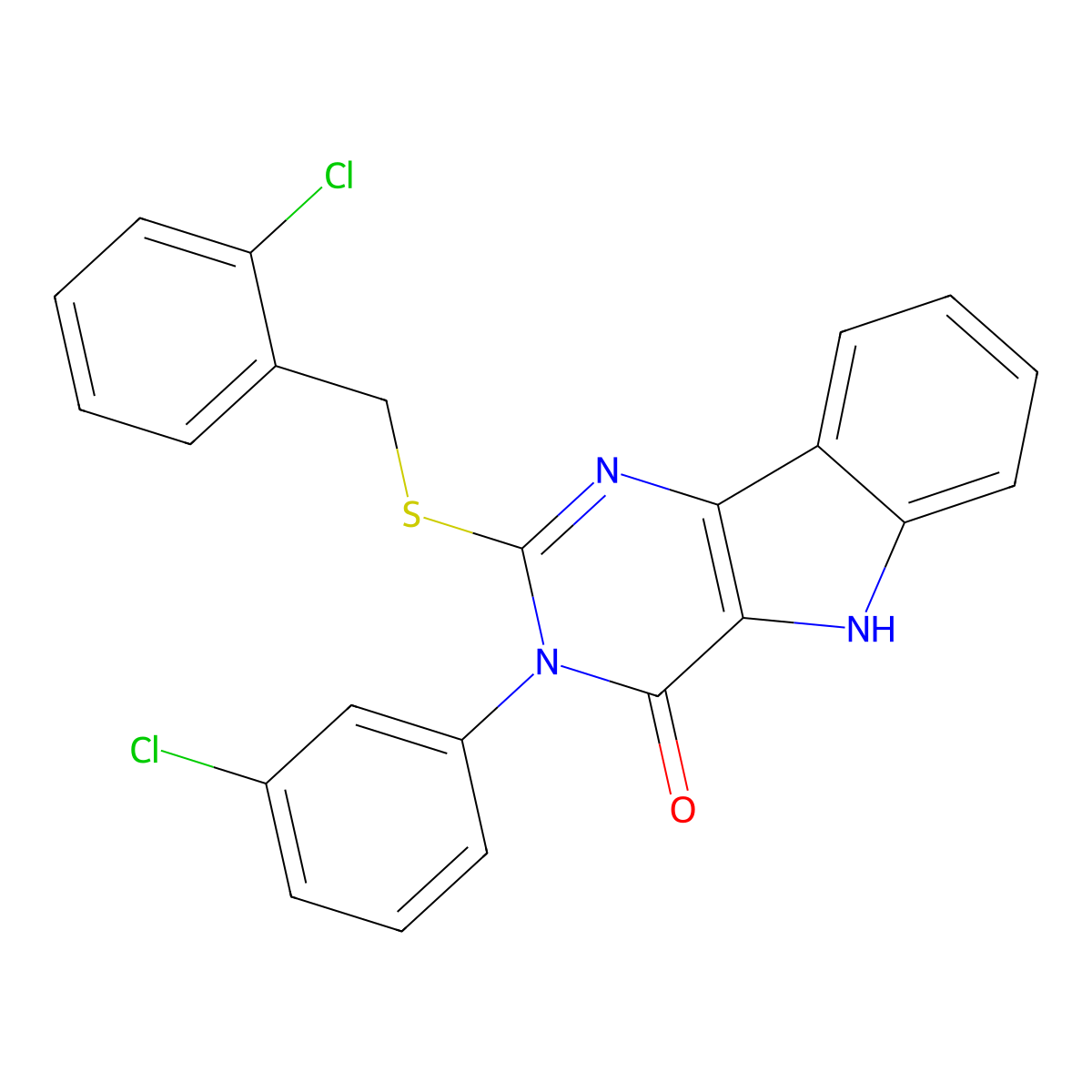 3-(3-chlorophenyl)-2-[(2-chlorophenyl)methylsulfanyl]-5H-pyrimido[5,4-b]indol-4-one molecular structure, CAS 536714-22-4