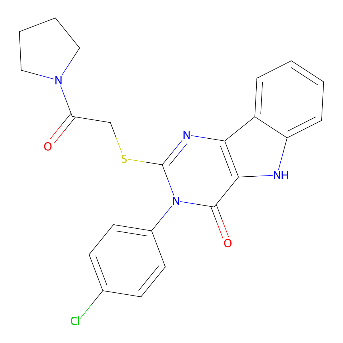 3-(4-chlorophenyl)-2-((2-oxo-2-(pyrrolidin-1-yl)ethyl)thio)-3H-pyrimido[5,4-b]indol-4(5H)-one molecular structure, CAS 536714-28-0