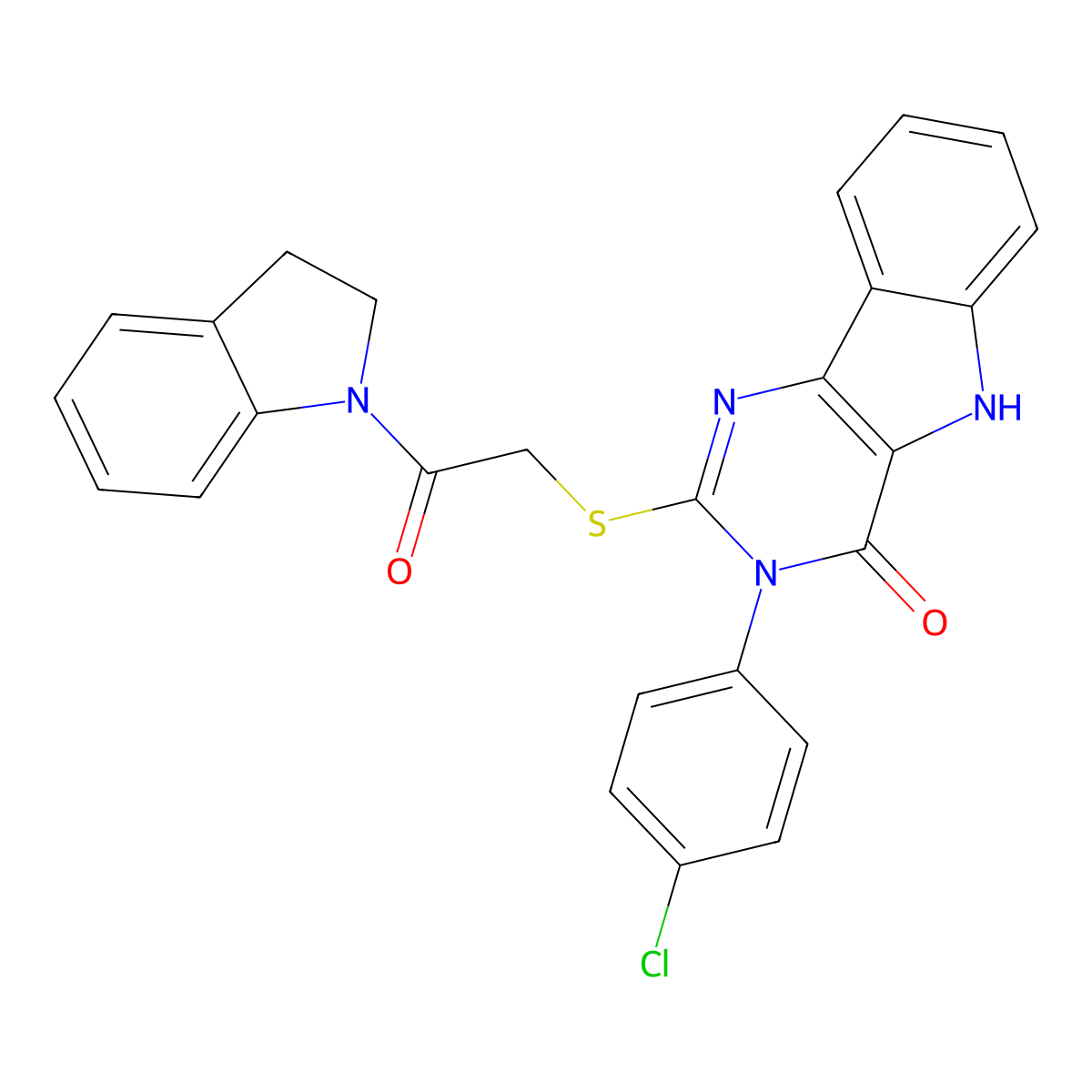 3-(4-chlorophenyl)-2-((2-(indolin-1-yl)-2-oxoethyl)thio)-3H-pyrimido[5,4-b]indol-4(5H)-one molecular structure, CAS 536714-48-4