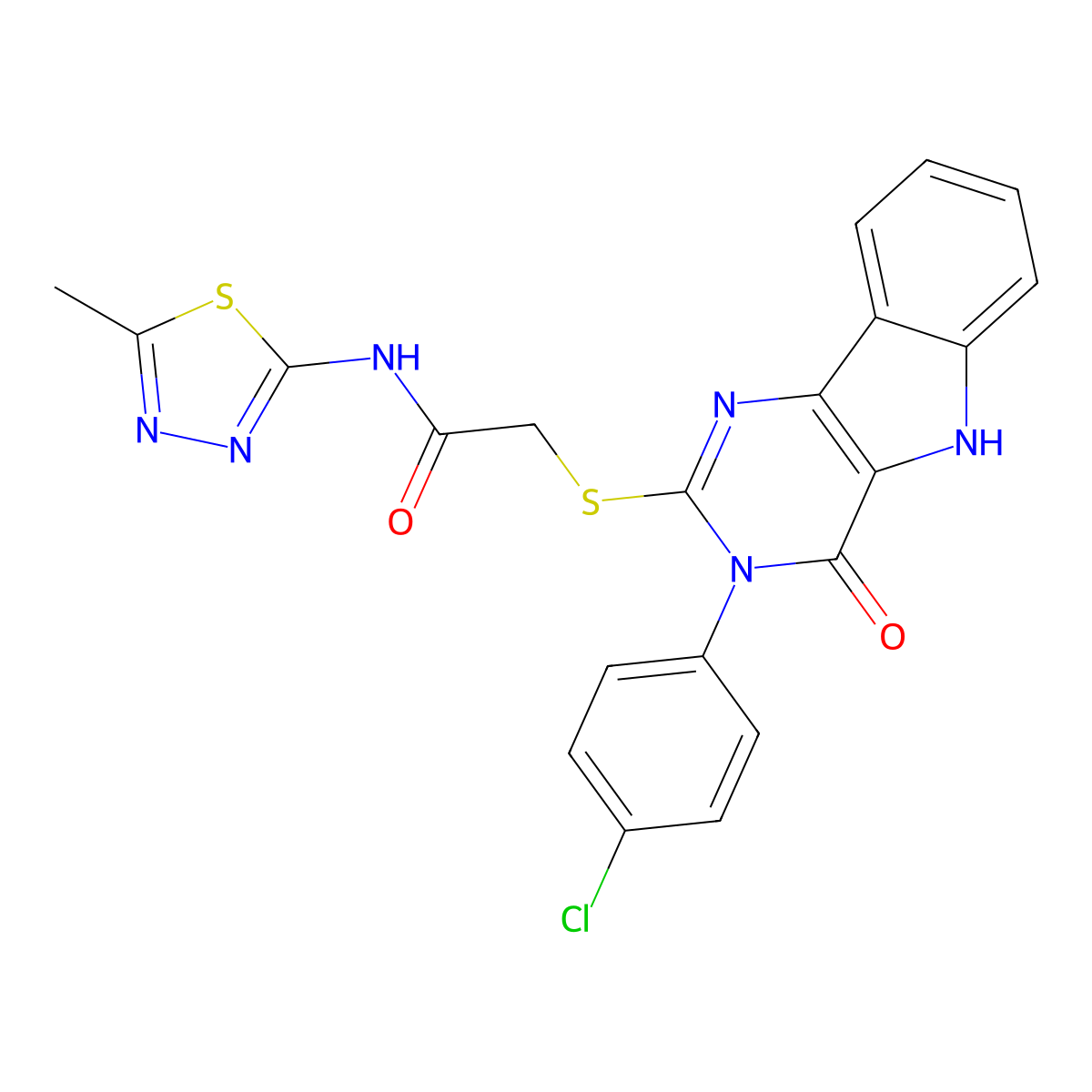 2-((3-(4-chlorophenyl)-4-oxo-4,5-dihydro-3H-pyrimido[5,4-b]indol-2-yl)thio)-N-(5-methyl-1,3,4-thiadiazol-2-yl)acetamide molecular structure, CAS 536714-50-8