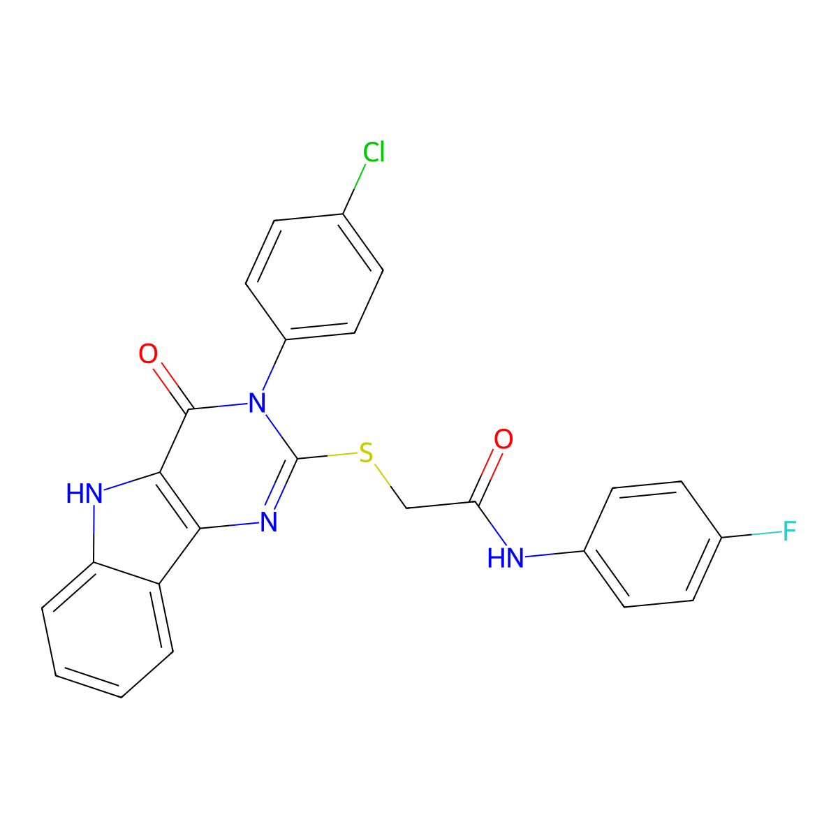 2-((3-(4-chlorophenyl)-4-oxo-4,5-dihydro-3H-pyrimido[5,4-b]indol-2-yl)thio)-N-(4-fluorophenyl)acetamide molecular structure, CAS 536714-64-4