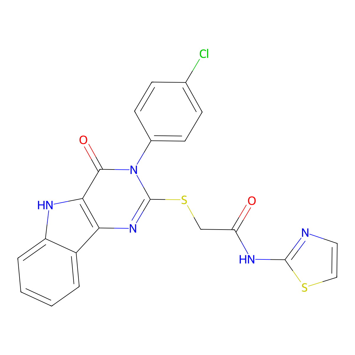 2-((3-(4-chlorophenyl)-4-oxo-4,5-dihydro-3H-pyrimido[5,4-b]indol-2-yl)thio)-N-(thiazol-2-yl)acetamide molecular structure, CAS 536715-03-4