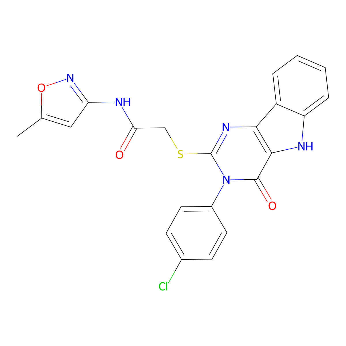 2-((3-(4-chlorophenyl)-4-oxo-4,5-dihydro-3H-pyrimido[5,4-b]indol-2-yl)thio)-N-(5-methylisoxazol-3-yl)acetamide molecular structure, CAS 536715-05-6