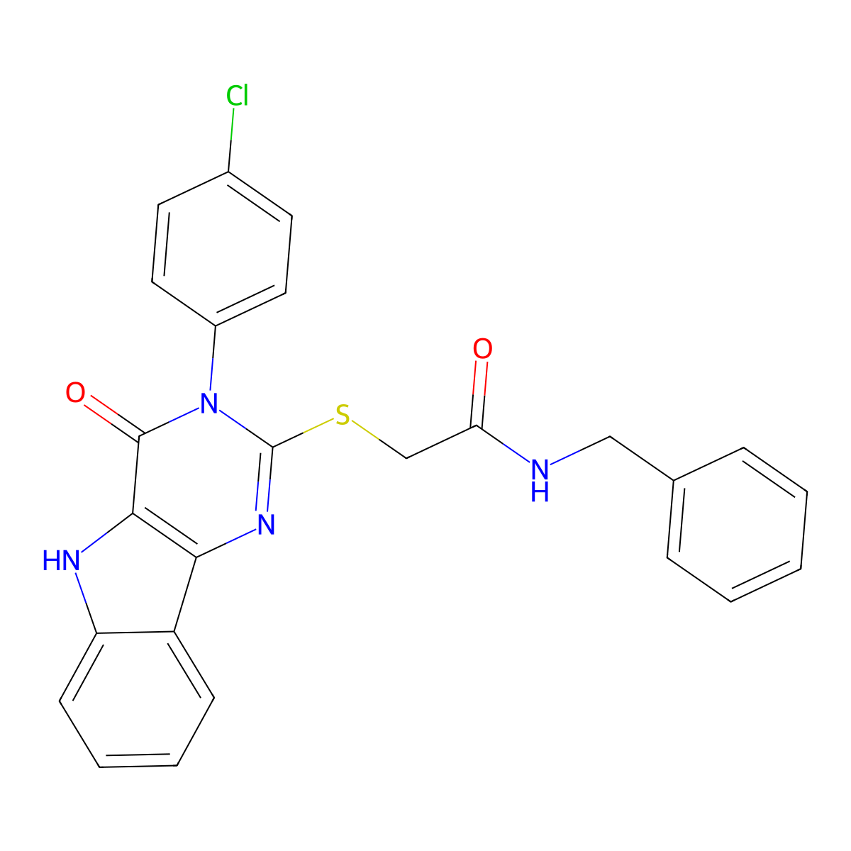N-benzyl-2-((3-(4-chlorophenyl)-4-oxo-4,5-dihydro-3H-pyrimido[5,4-b]indol-2-yl)thio)acetamide molecular structure, CAS 536715-18-1