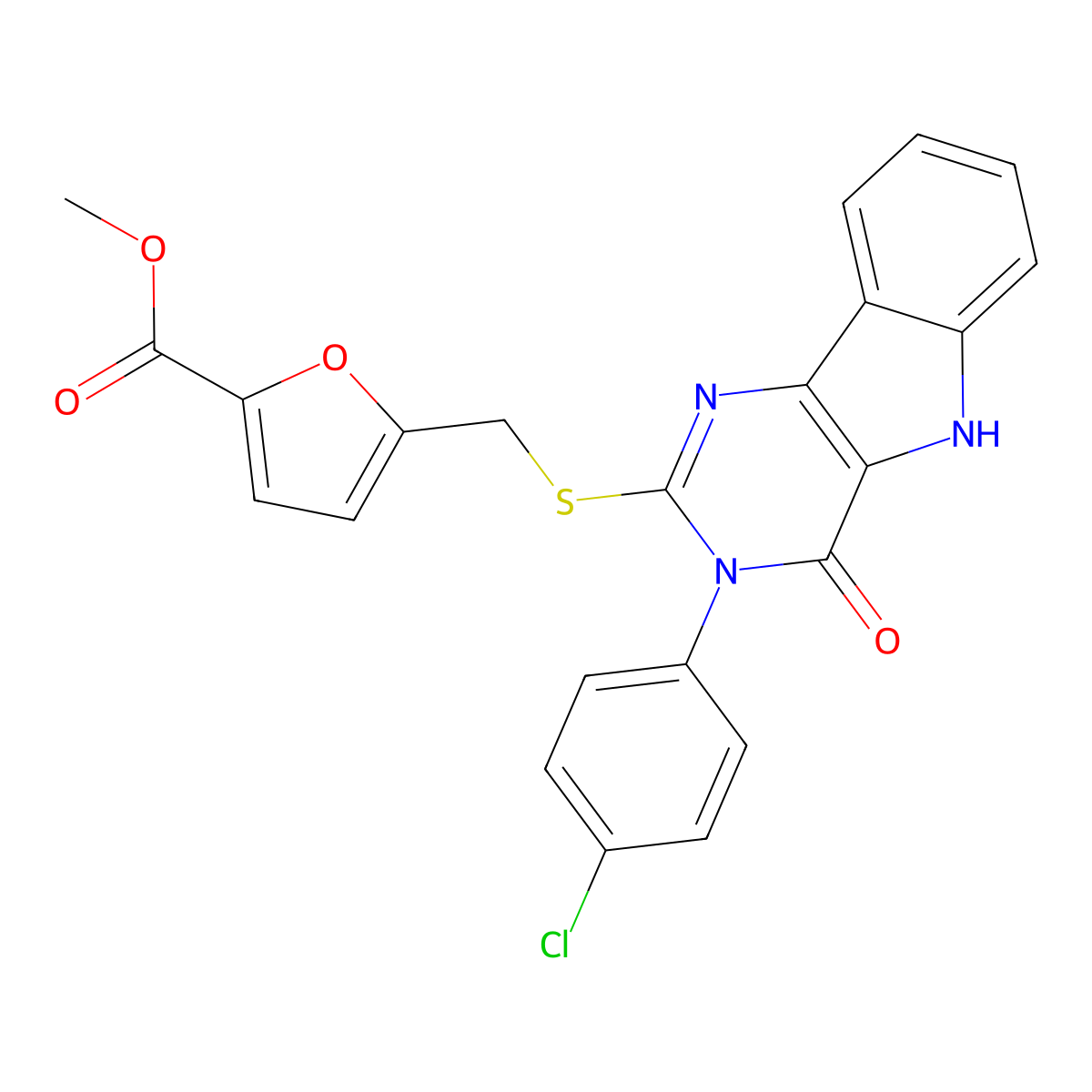 methyl 5-(((3-(4-chlorophenyl)-4-oxo-4,5-dihydro-3H-pyrimido[5,4-b]indol-2-yl)thio)methyl)furan-2-carboxylate molecular structure, CAS 536715-44-3