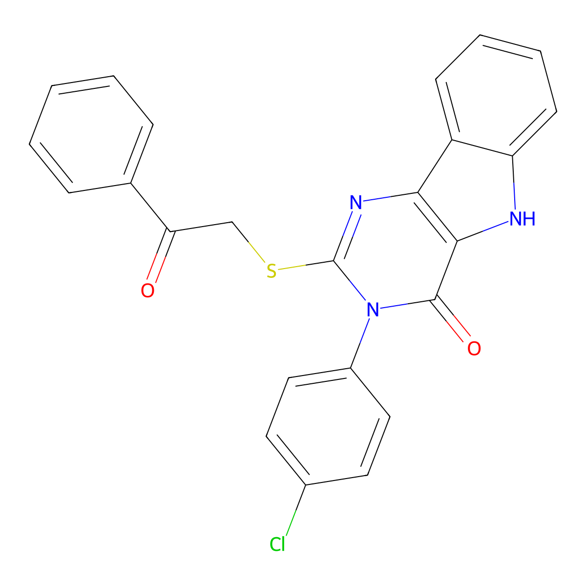 3-(4-chlorophenyl)-2-phenacylsulfanyl-5H-pyrimido[5,4-b]indol-4-one molecular structure, CAS 536715-50-1
