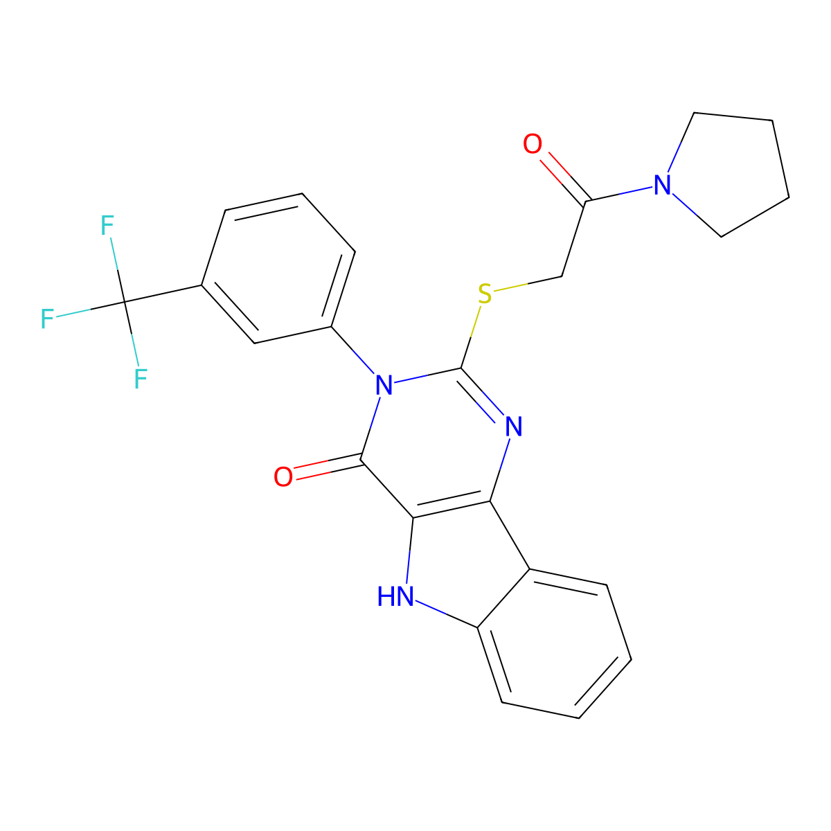 2-((2-oxo-2-(pyrrolidin-1-yl)ethyl)thio)-3-(3-(trifluoromethyl)phenyl)-3H-pyrimido[5,4-b]indol-4(5H)-one molecular structure, CAS 536715-64-7