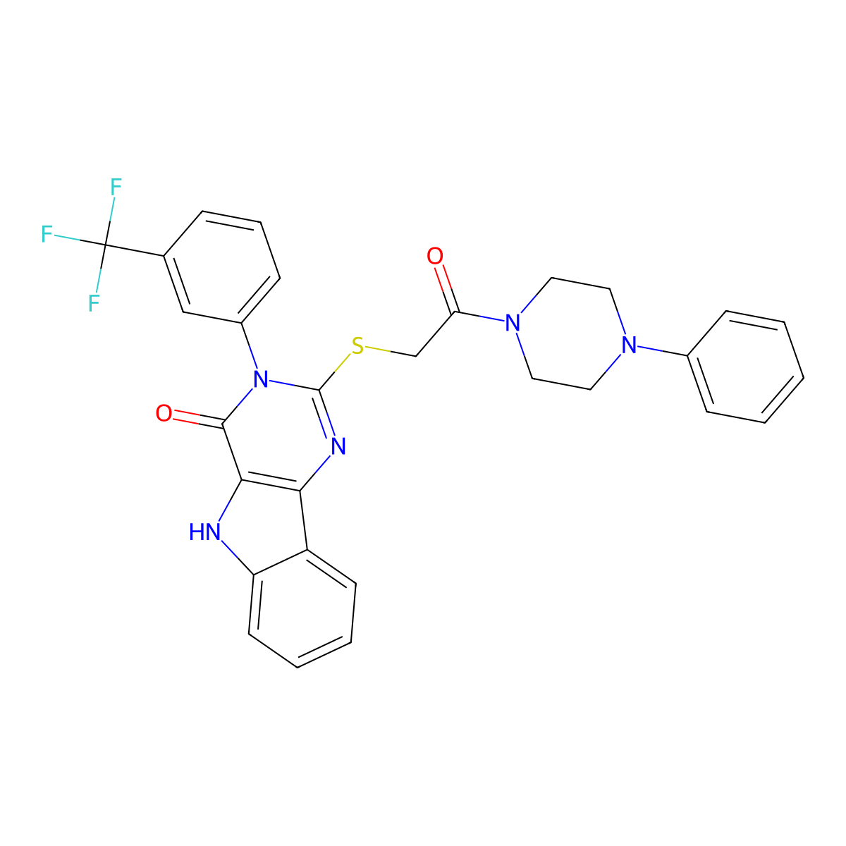 2-[2-oxo-2-(4-phenylpiperazin-1-yl)ethyl]sulfanyl-3-[3-(trifluoromethyl)phenyl]-5H-pyrimido[5,4-b]indol-4-one molecular structure, CAS 536715-73-8