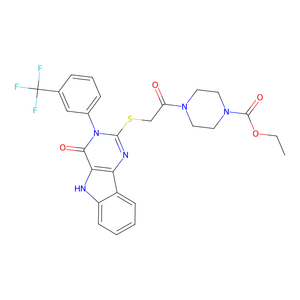 ethyl 4-(2-((4-oxo-3-(3-(trifluoromethyl)phenyl)-4,5-dihydro-3H-pyrimido[5,4-b]indol-2-yl)thio)acetyl)piperazine-1-carboxylate molecular structure, CAS 536715-76-1