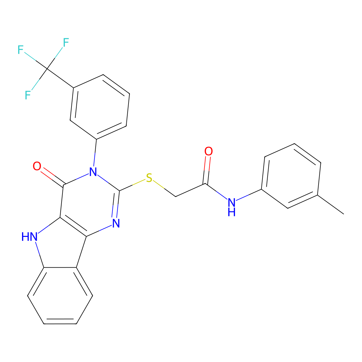 2-((4-oxo-3-(3-(trifluoromethyl)phenyl)-4,5-dihydro-3H-pyrimido[5,4-b]indol-2-yl)thio)-N-(m-tolyl)acetamide molecular structure, CAS 536715-89-6