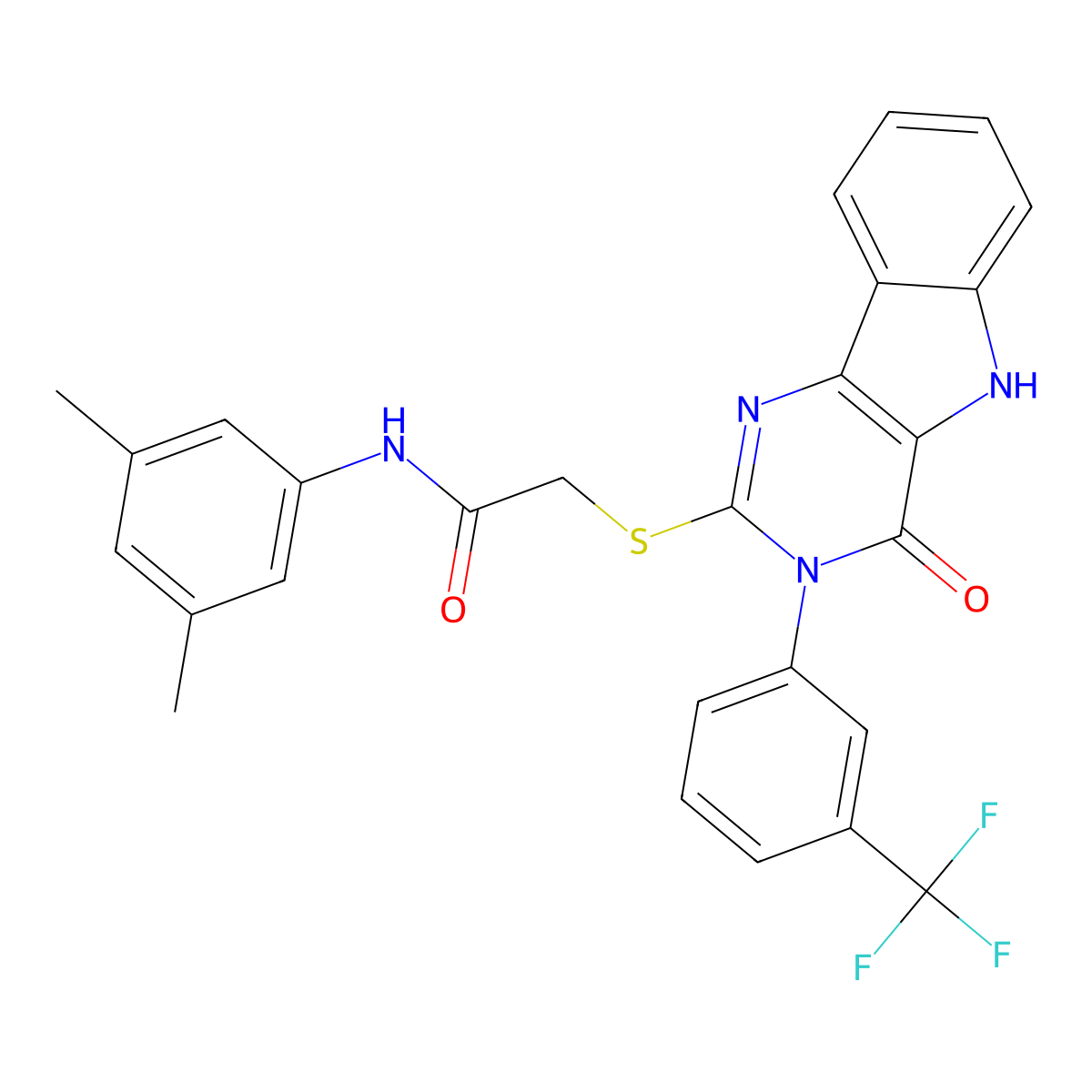 N-(3,5-dimethylphenyl)-2-((4-oxo-3-(3-(trifluoromethyl)phenyl)-4,5-dihydro-3H-pyrimido[5,4-b]indol-2-yl)thio)acetamide molecular structure, CAS 536715-94-3