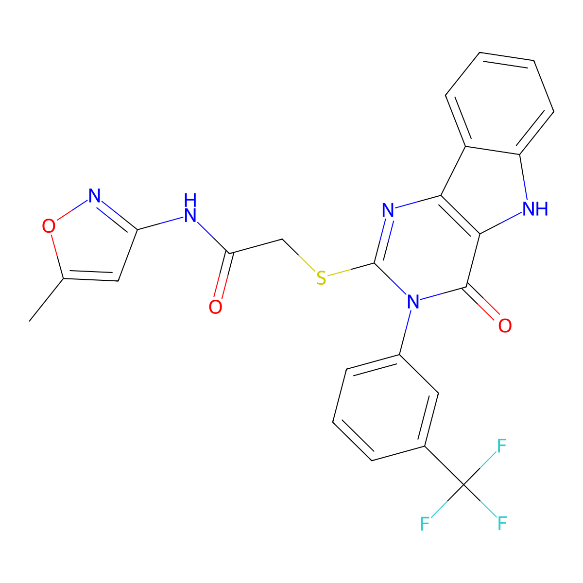 N-(5-methylisoxazol-3-yl)-2-((4-oxo-3-(3-(trifluoromethyl)phenyl)-4,5-dihydro-3H-pyrimido[5,4-b]indol-2-yl)thio)acetamide molecular structure, CAS 536716-06-0