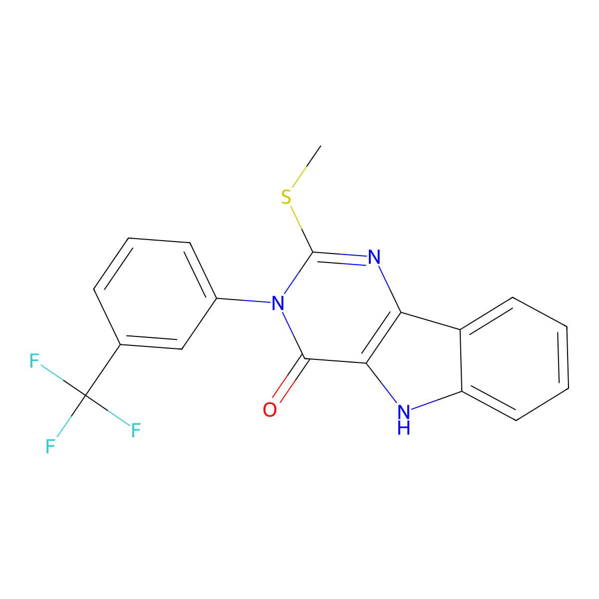 2-methylsulfanyl-3-[3-(trifluoromethyl)phenyl]-5H-pyrimido[5,4-b]indol-4-one molecular structure, CAS 536716-24-2