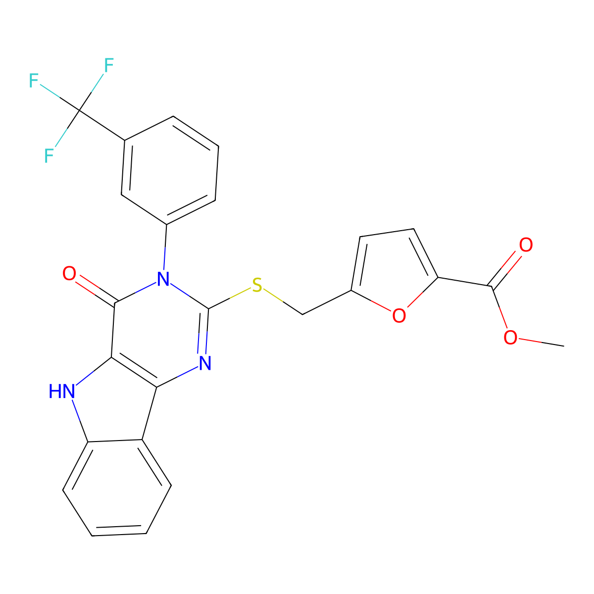 methyl 5-(((4-oxo-3-(3-(trifluoromethyl)phenyl)-4,5-dihydro-3H-pyrimido[5,4-b]indol-2-yl)thio)methyl)furan-2-carboxylate molecular structure, CAS 536716-42-4