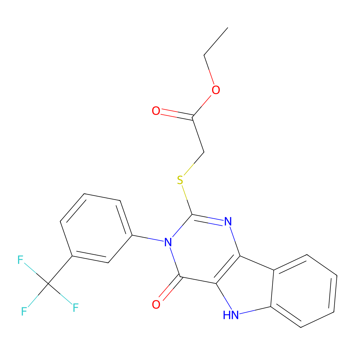 ethyl 2-[[4-oxo-3-[3-(trifluoromethyl)phenyl]-5H-pyrimido[5,4-b]indol-2-yl]sulfanyl]acetate molecular structure, CAS 536716-44-6