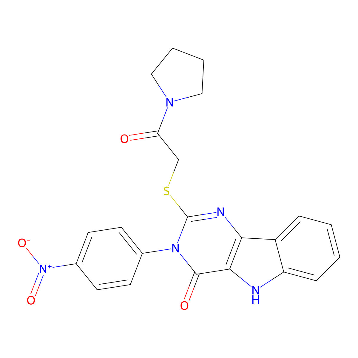 3-(4-nitrophenyl)-2-((2-oxo-2-(pyrrolidin-1-yl)ethyl)thio)-3H-pyrimido[5,4-b]indol-4(5H)-one molecular structure, CAS 536716-62-8