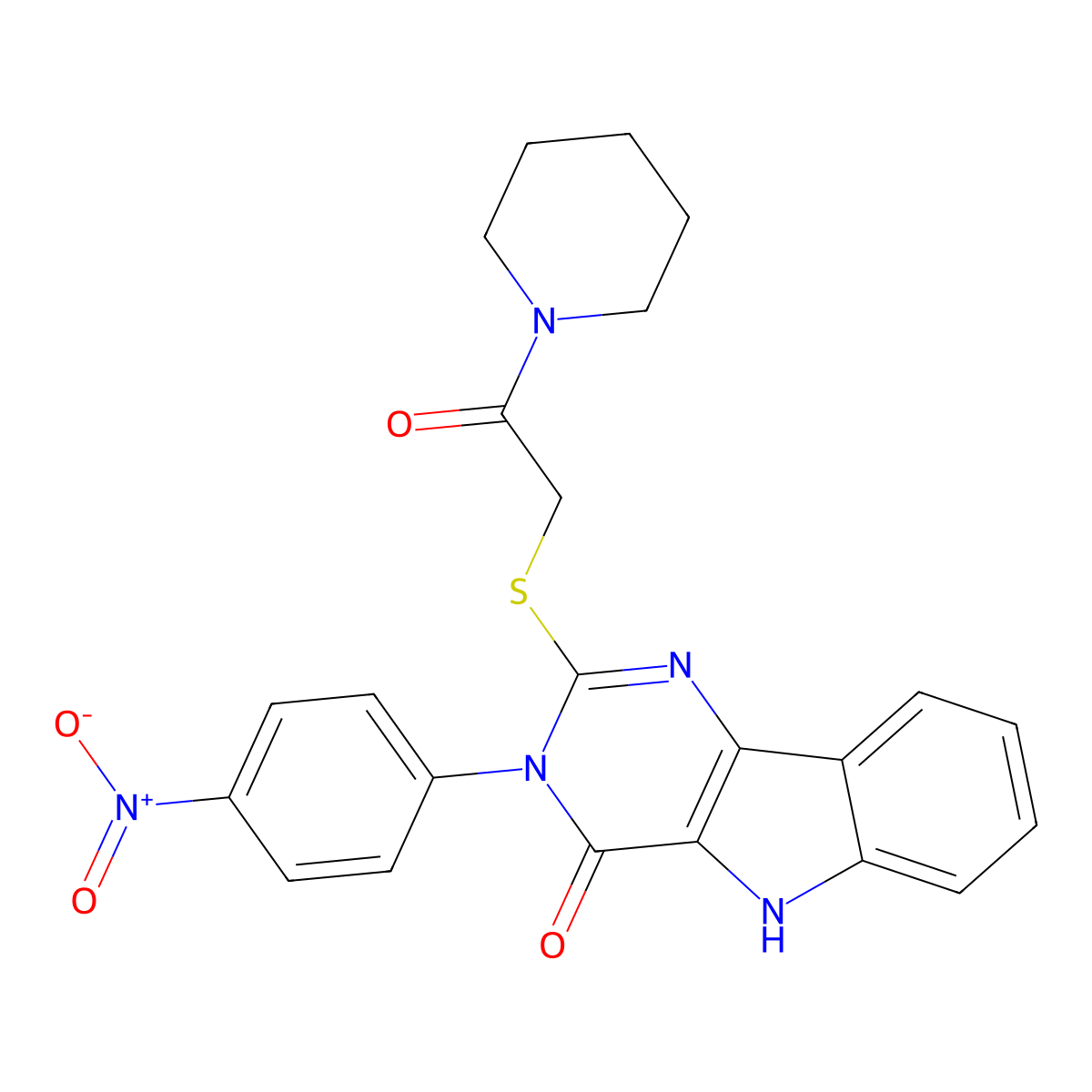 3-(4-nitrophenyl)-2-(2-oxo-2-piperidin-1-ylethyl)sulfanyl-5H-pyrimido[5,4-b]indol-4-one molecular structure, CAS 536716-63-9
